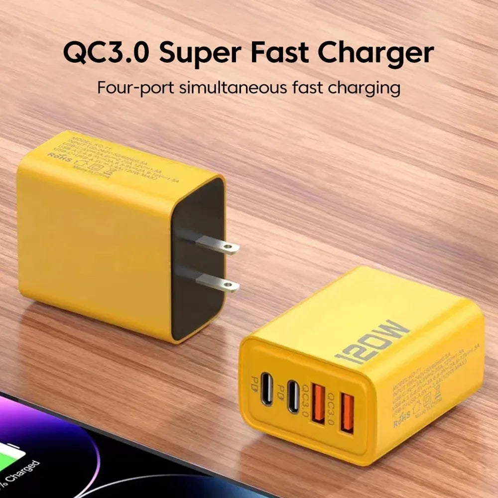 4-Port USB-C PD Fast Charger — Quick Charge 3.0 | Multi-Device Wall Adapter | Phone, Tablet & Laptop