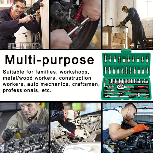 46-Piece Professional Mechanic Tool Kit — 1/4" Drive Socket Set | Home & Auto Repair | Complete Family Toolkit