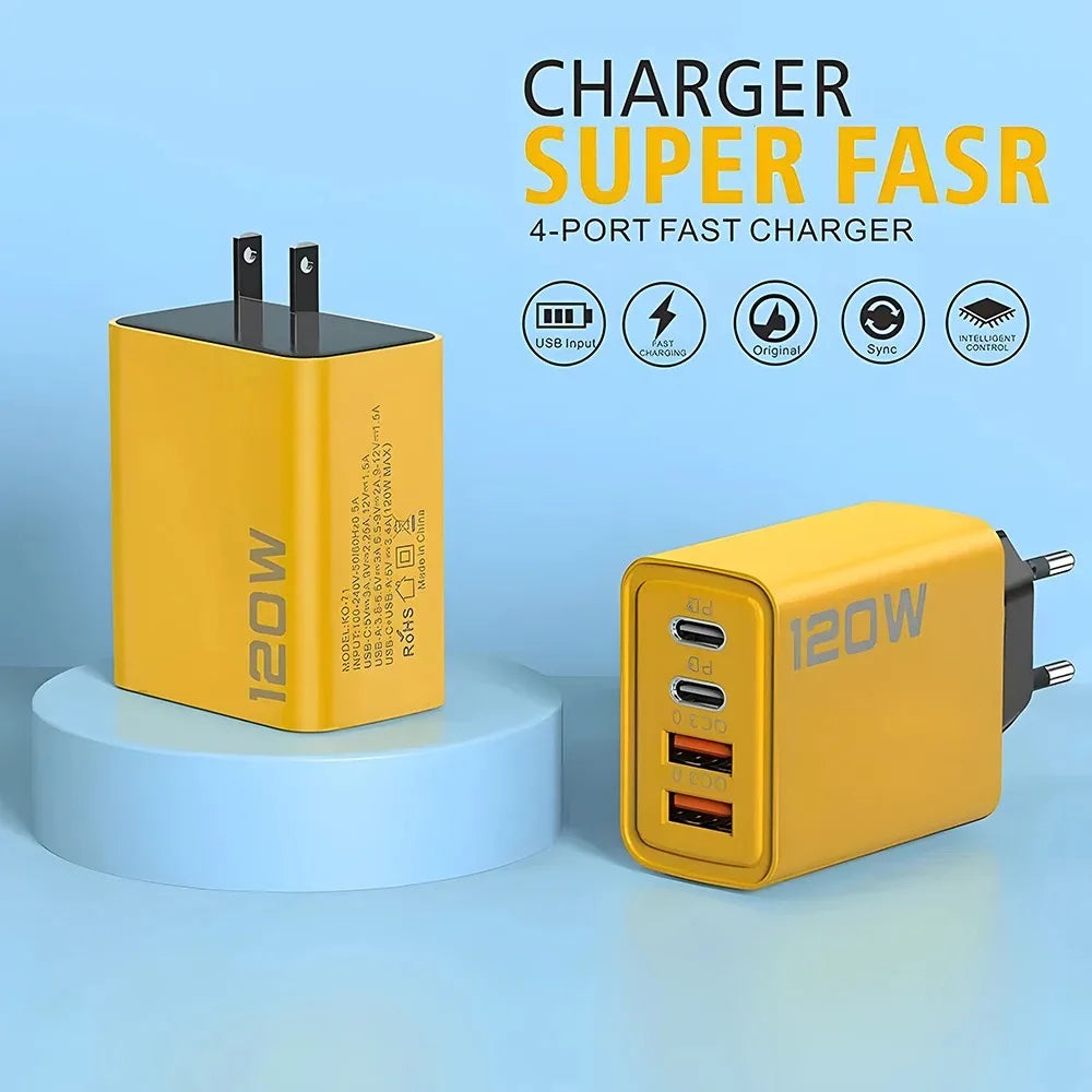 4-Port USB-C PD Fast Charger — Quick Charge 3.0 | Multi-Device Wall Adapter | Phone, Tablet & Laptop