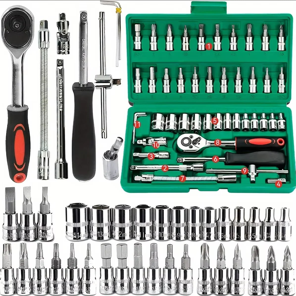 46-Piece Professional Mechanic Tool Kit — 1/4" Drive Socket Set | Home & Auto Repair | Complete Family Toolkit
